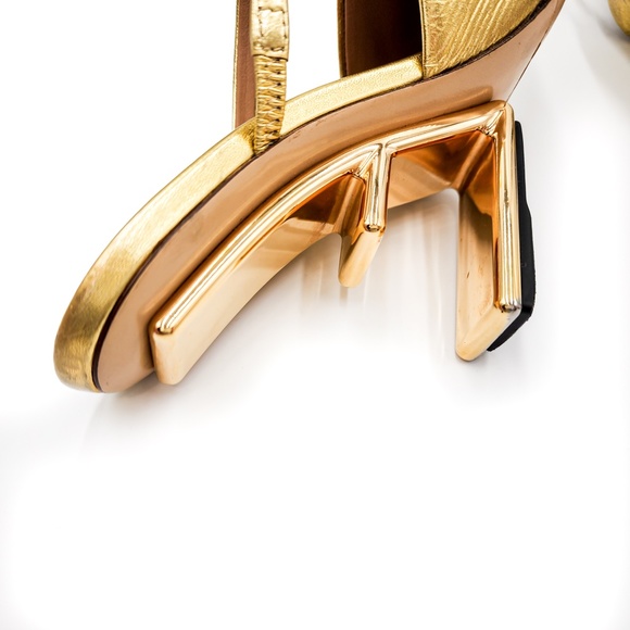 Fendi Gold Leather F Logo Slip-On Metal Heels Mules EU 37 - Picture 8 of 11